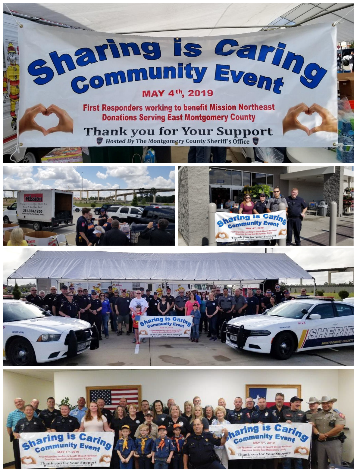 Photo collage of Sharing is Caring banner and group photos of Montgomery County Sheriff's Office Deputies and Local Community.